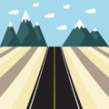 Road landscape. Asphalt road with mountains, sky and clouds in flat style. Vector background Royalty Free Stock Photo